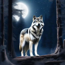 A majestic wolf standing proudly in a moonlit forest glade, its fur glowing faintly in the pale moonlight.