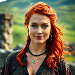 A 35-year-old woman with Celtic features, showcasing bright red hair, beautifully styled and flowing