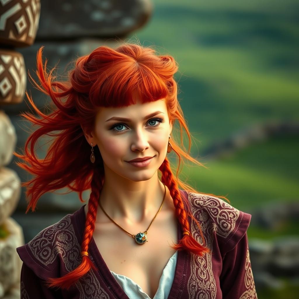 A 35-year-old woman with Celtic features, showcasing bright red hair, beautifully styled and flowing