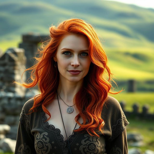 A 35-year-old woman with Celtic features, showcasing bright red hair, beautifully styled and flowing