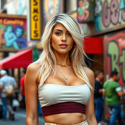A gorgeous American Latina woman aged 33, with striking blonde hair that radiates elegance and confidence