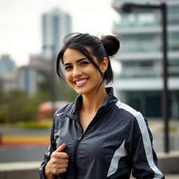 A 35-year-old dark-haired woman with a fit and athletic build, wearing a stylish sports jacket in a modern design