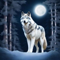 A majestic wolf standing proudly in a moonlit forest glade, its fur glowing faintly in the pale moonlight.