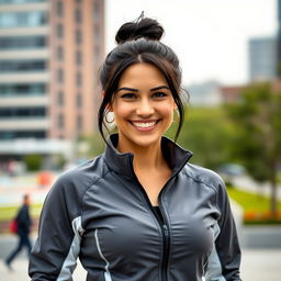A 35-year-old dark-haired woman with a fit and athletic build, wearing a stylish sports jacket in a modern design