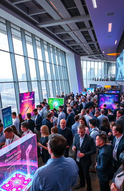 A futuristic conference scene set in 2024, showcasing a vibrant atmosphere filled with innovators and tech enthusiasts