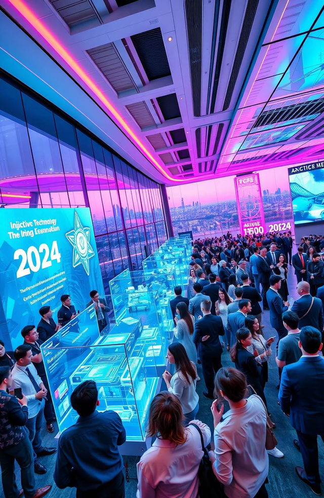 A futuristic conference scene set in 2024, showcasing a vibrant atmosphere filled with innovators and tech enthusiasts