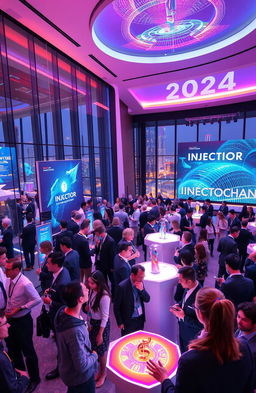 A futuristic conference scene set in 2024, showcasing a vibrant atmosphere filled with innovators and tech enthusiasts