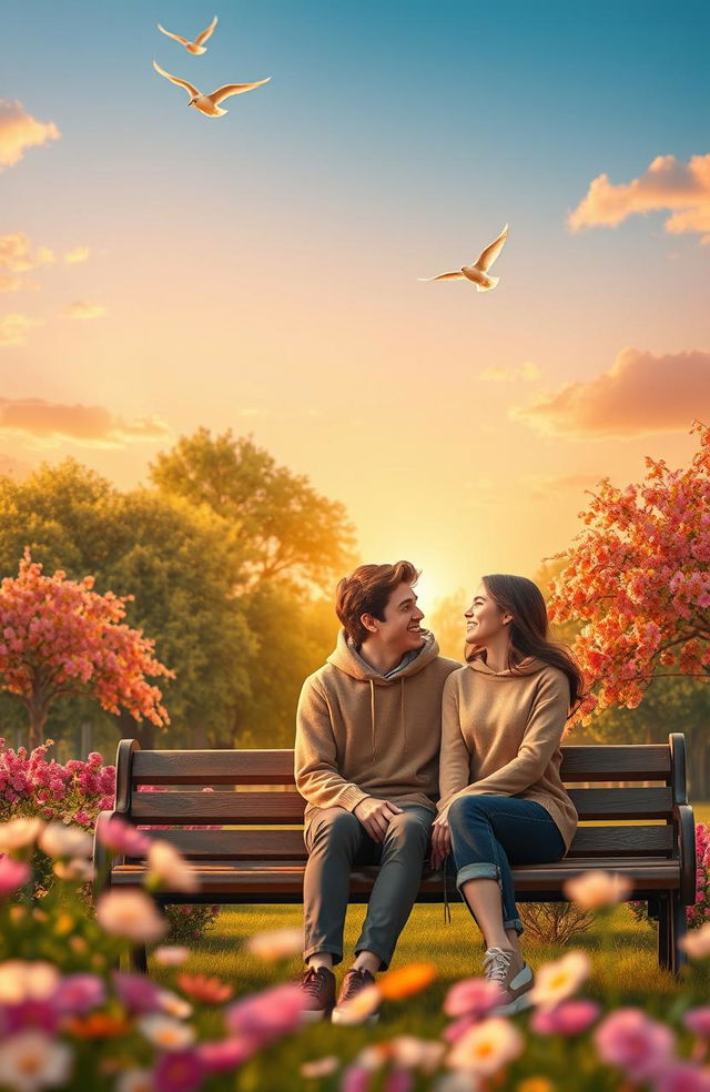 A heartwarming scene depicting a young couple sitting on a park bench during a beautiful sunset