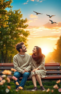 A heartwarming scene depicting a young couple sitting on a park bench during a beautiful sunset