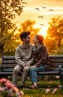 A heartwarming scene depicting a young couple sitting on a park bench during a beautiful sunset