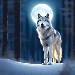 A majestic wolf standing proudly in a moonlit forest glade, its fur glowing faintly in the pale moonlight.