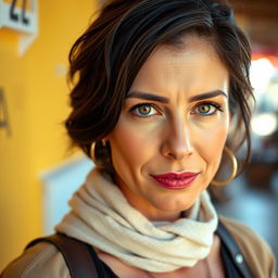 A Mediterranean woman aged between 35 to 45 with dark hair, wearing stylish clothing
