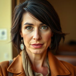 A Mediterranean woman aged between 35 to 45 with dark hair, wearing stylish clothing