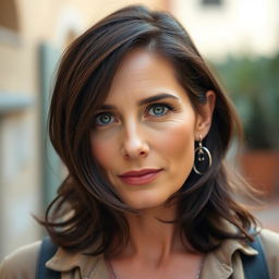 A Mediterranean woman aged between 35 to 45 with dark hair, wearing stylish clothing