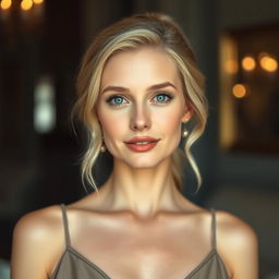 A 33-year-old woman with pale skin and light blonde hair, embodying European features