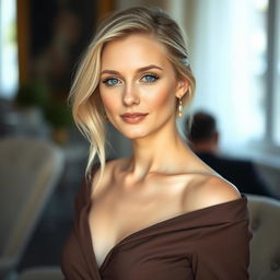 A 33-year-old woman with pale skin and light blonde hair, embodying European features