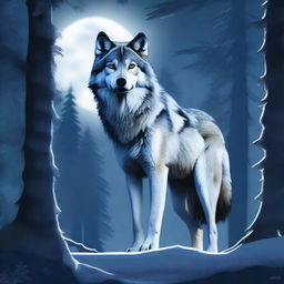 A majestic wolf standing proudly in a moonlit forest glade, its fur glowing faintly in the pale moonlight.