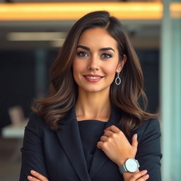 An elegant brunette woman, aged 35, wearing a tailored office dress perfect for a successful business lady