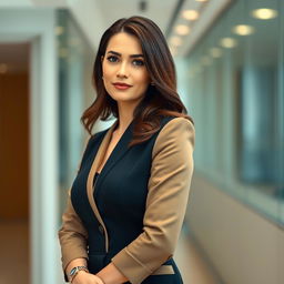 An elegant brunette woman, aged 35, wearing a tailored office dress perfect for a successful business lady