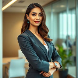An elegant brunette woman, aged 35, wearing a tailored office dress perfect for a successful business lady