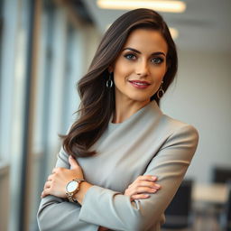 An elegant brunette woman, aged 35, wearing a tailored office dress perfect for a successful business lady