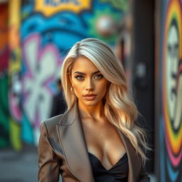A stunning American Latina woman aged 37, with striking blonde hair that radiates sophistication and beauty