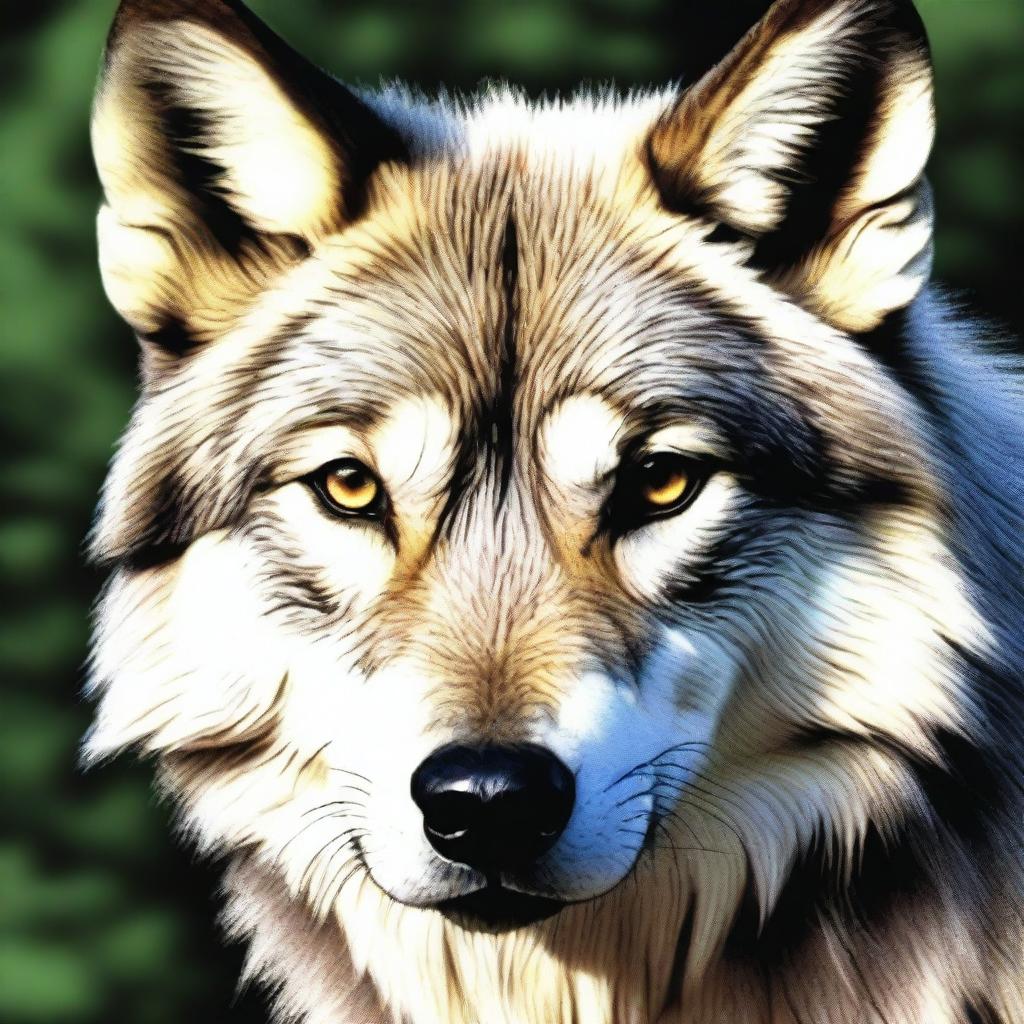 A hyper-realistic depiction of a powerful and majestic wolf, sharply focused, with every detail - from its gleaming eyes to the individual strands of fur - rendered with utmost precision