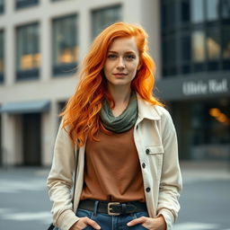 A 35-year-old woman with Celtic features, including striking red hair, dressed in modern clothing
