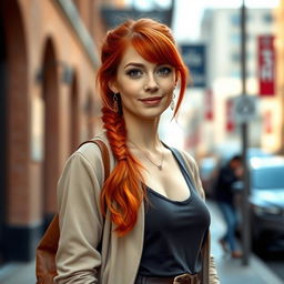A 35-year-old woman with Celtic features, including striking red hair, dressed in modern clothing