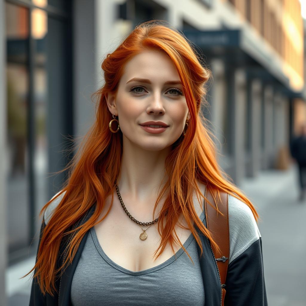 A 35-year-old woman with Celtic features, including striking red hair, dressed in modern clothing