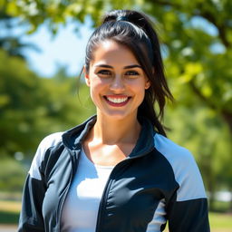 A 35-year-old light-skinned woman with dark hair and an athletic build, wearing a stylish sports jacket