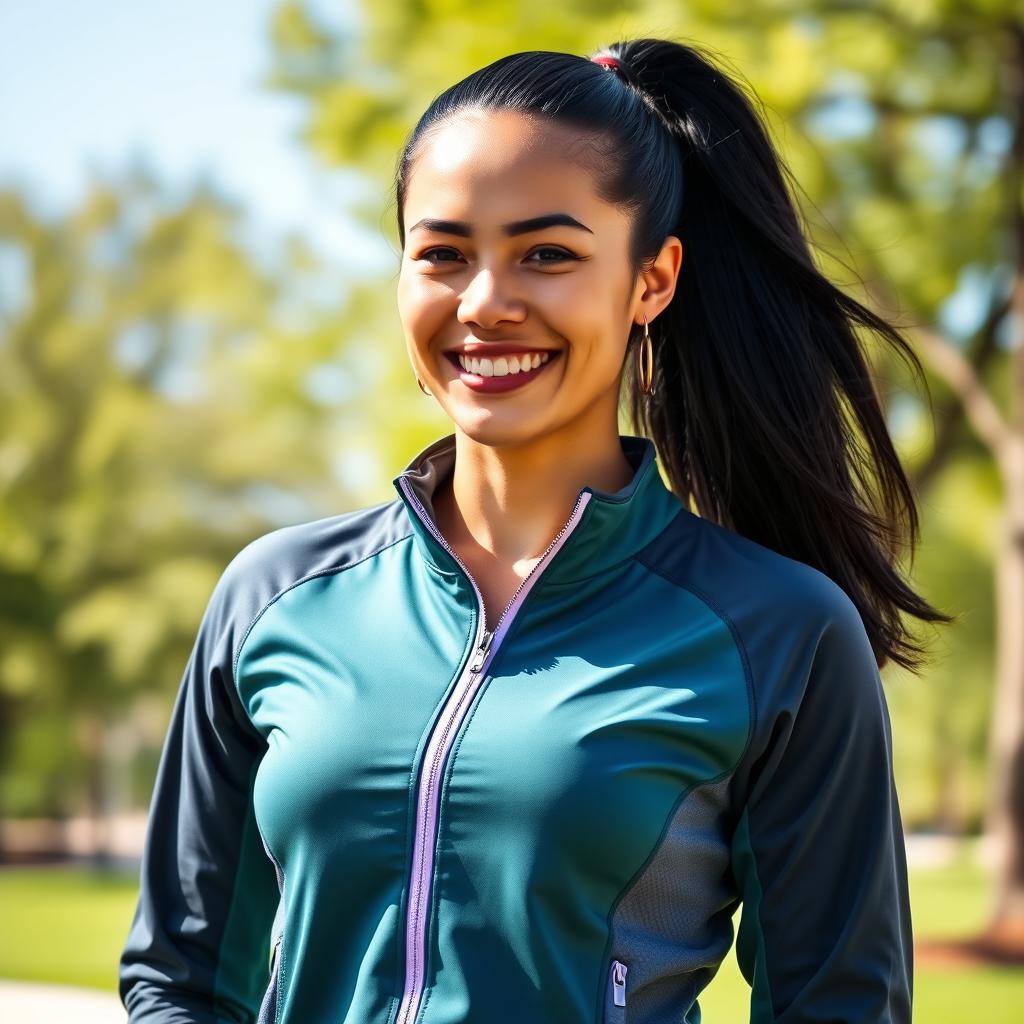 A 35-year-old light-skinned woman with dark hair and an athletic build, wearing a stylish sports jacket