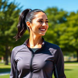 A 35-year-old light-skinned woman with dark hair and an athletic build, wearing a stylish sports jacket