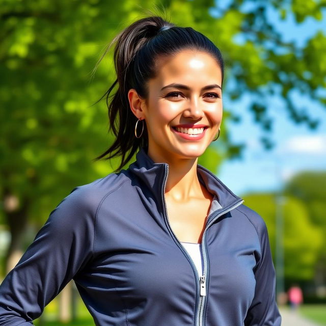 A 35-year-old light-skinned woman with dark hair and an athletic build, wearing a stylish sports jacket