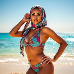 A stylish and modern hijab bikini, featuring a vibrant and colorful design with intricate patterns