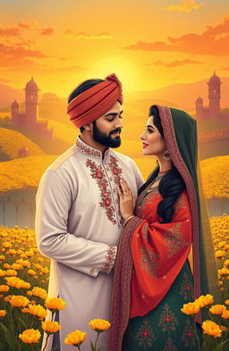 A mesmerizing scene depicting a couple in love, surrounded by a beautiful, vibrant Punjabi landscape filled with mustard fields and traditional Punjabi architecture