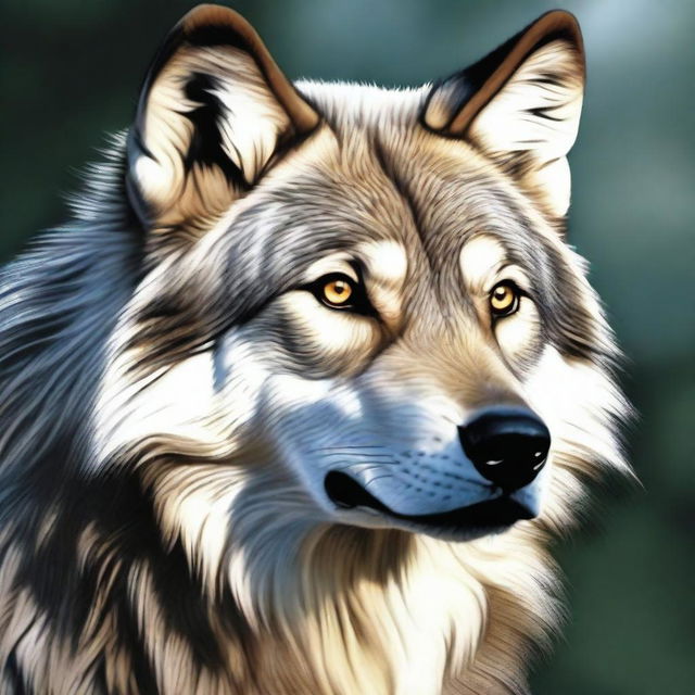 A hyper-realistic depiction of a powerful and majestic wolf, sharply focused, with every detail - from its gleaming eyes to the individual strands of fur - rendered with utmost precision