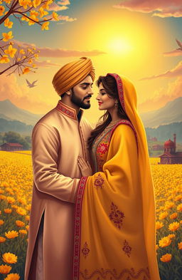 A mesmerizing scene depicting a couple in love, surrounded by a beautiful, vibrant Punjabi landscape filled with mustard fields and traditional Punjabi architecture