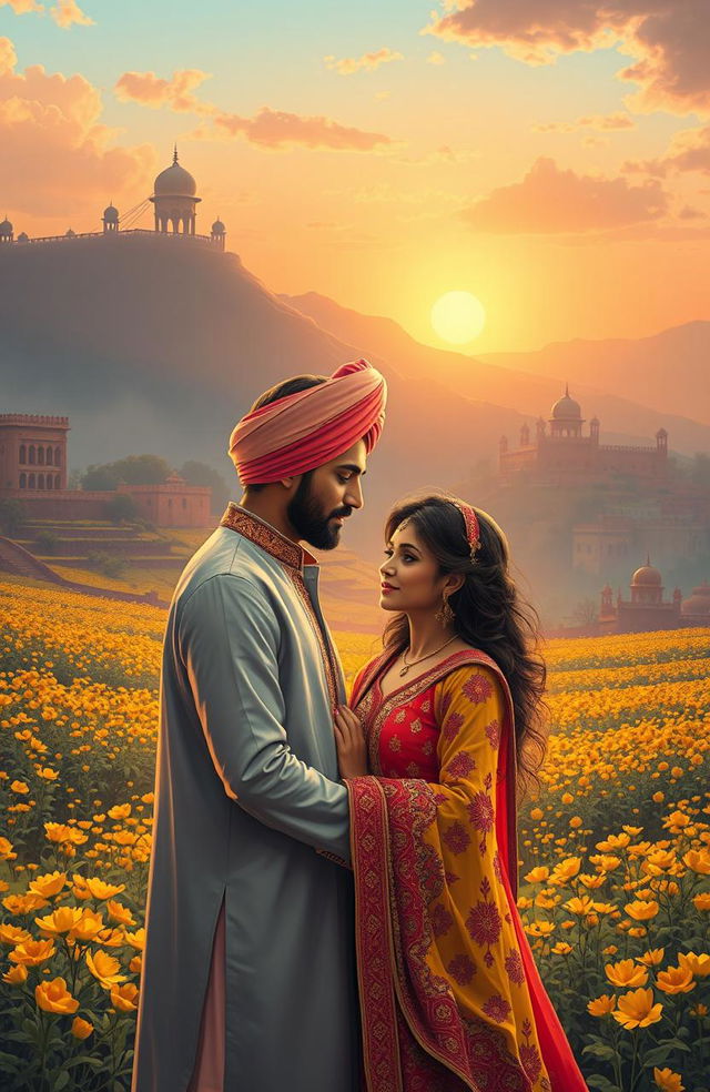 A mesmerizing scene depicting a couple in love, surrounded by a beautiful, vibrant Punjabi landscape filled with mustard fields and traditional Punjabi architecture