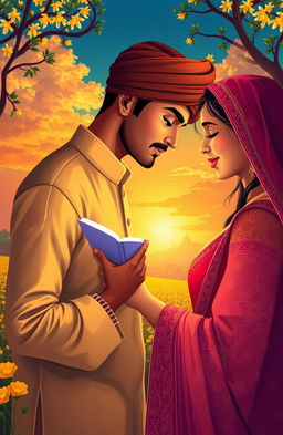 A mesmerizing scene depicting a couple in love, surrounded by a beautiful, vibrant Punjabi landscape filled with mustard fields and traditional Punjabi architecture