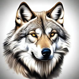 A hyper-realistic depiction of a powerful and majestic wolf, sharply focused, with every detail - from its gleaming eyes to the individual strands of fur - rendered with utmost precision