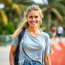 A light-haired woman around 32 years old with a light tan and athletic figure, dressed in casual attire such as jeans and a t-shirt