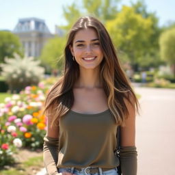 A European girl with either dark or light hair, dressed in stylish, casual clothing, standing confidently with a natural smile, background featuring a sunny park with blooming flowers and green trees, capturing a joyful and lively atmosphere