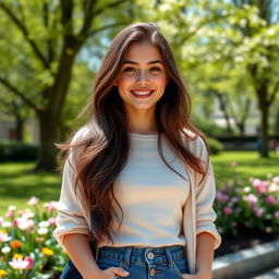 A European girl with either dark or light hair, dressed in stylish, casual clothing, standing confidently with a natural smile, background featuring a sunny park with blooming flowers and green trees, capturing a joyful and lively atmosphere