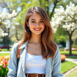 A European girl with either dark or light hair, dressed in stylish, casual clothing, standing confidently with a natural smile, background featuring a sunny park with blooming flowers and green trees, capturing a joyful and lively atmosphere