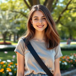 A European girl with either dark or light hair, dressed in stylish, casual clothing, standing confidently with a natural smile, background featuring a sunny park with blooming flowers and green trees, capturing a joyful and lively atmosphere