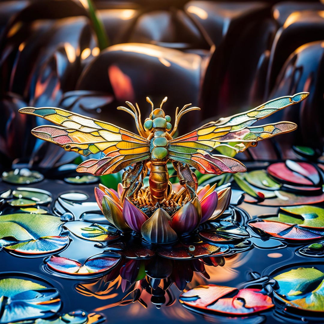 Symmetrical, highly detailed brass dragonfly with stained glass wings in flight over blooming lotus in koi pond during golden hour