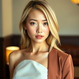 A 34-year-old woman with pale skin and light blonde hair, showcasing Japanese features