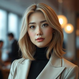 A 34-year-old woman with pale skin and light blonde hair, showcasing Japanese features