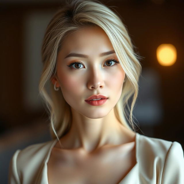 A 34-year-old woman with pale skin and light blonde hair, showcasing Japanese features